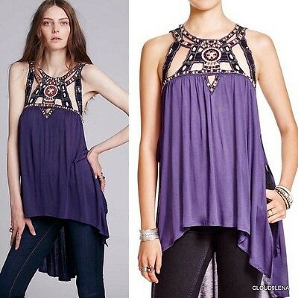 Free People Embroidered Cut-out Tunic Top